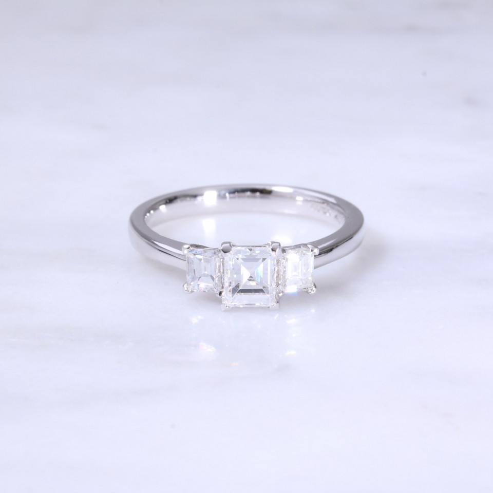 Fancy Carre Cut Diamond 3 Stone Engagement Ring