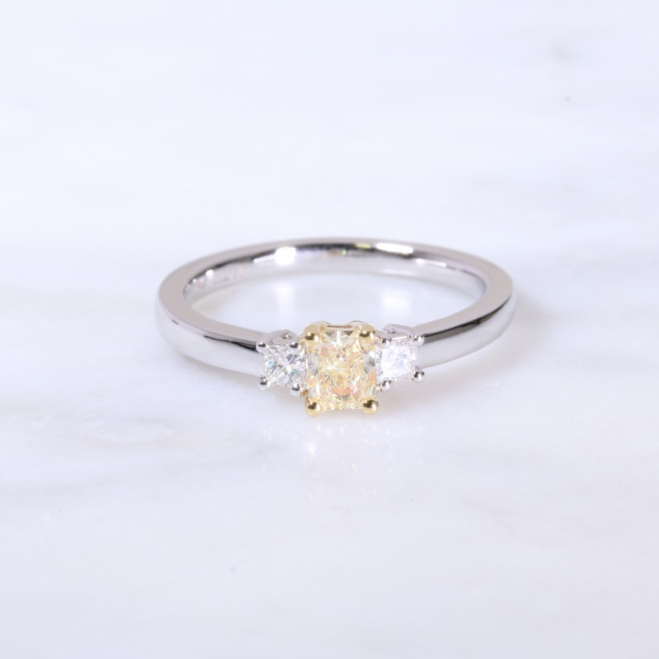 Natural yellow radiant and princess cut diamond 3 stone ring