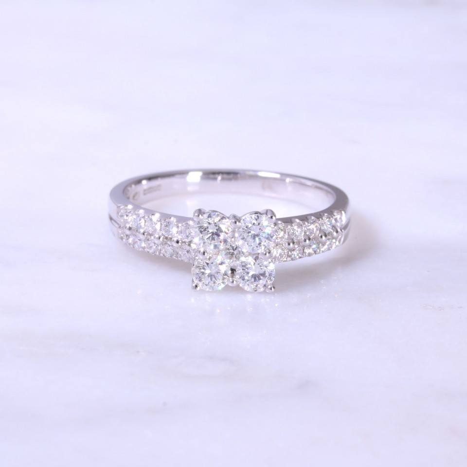 Round Brilliant Diamond Sq Cluster 2 Row Engagement Ring