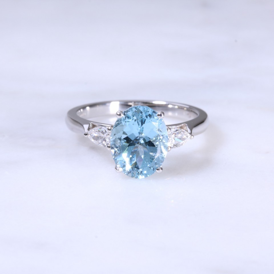 Oval Aquamarine & Pear Diamond 3 Stone Ring