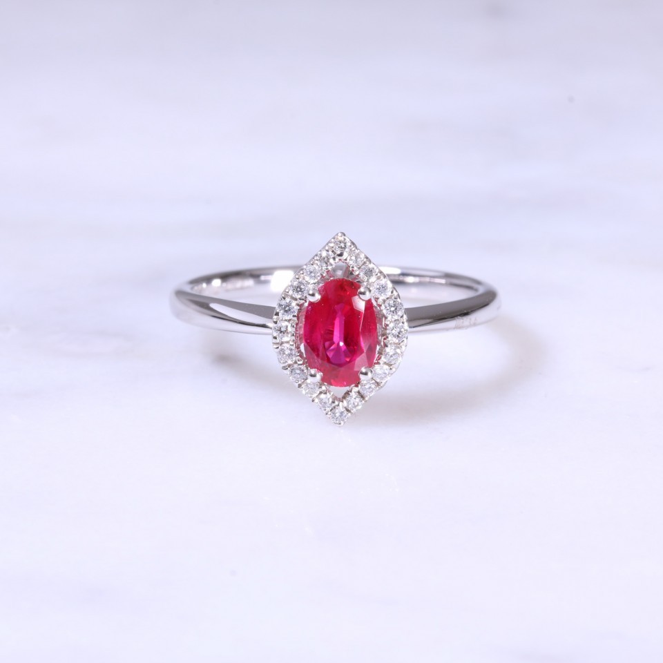 Oval Ruby & Halo Diamond Cluster Ring