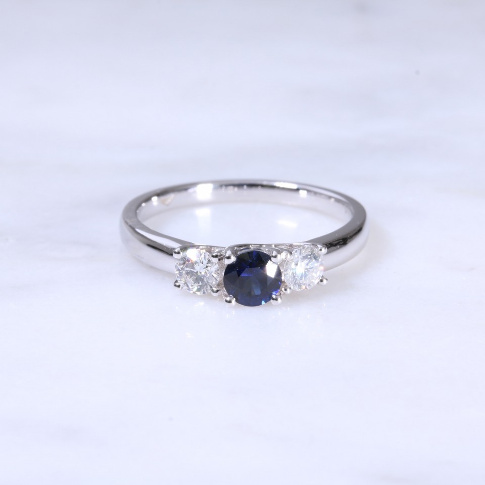 Round Sapphire & Diamond 3 Stone Ring