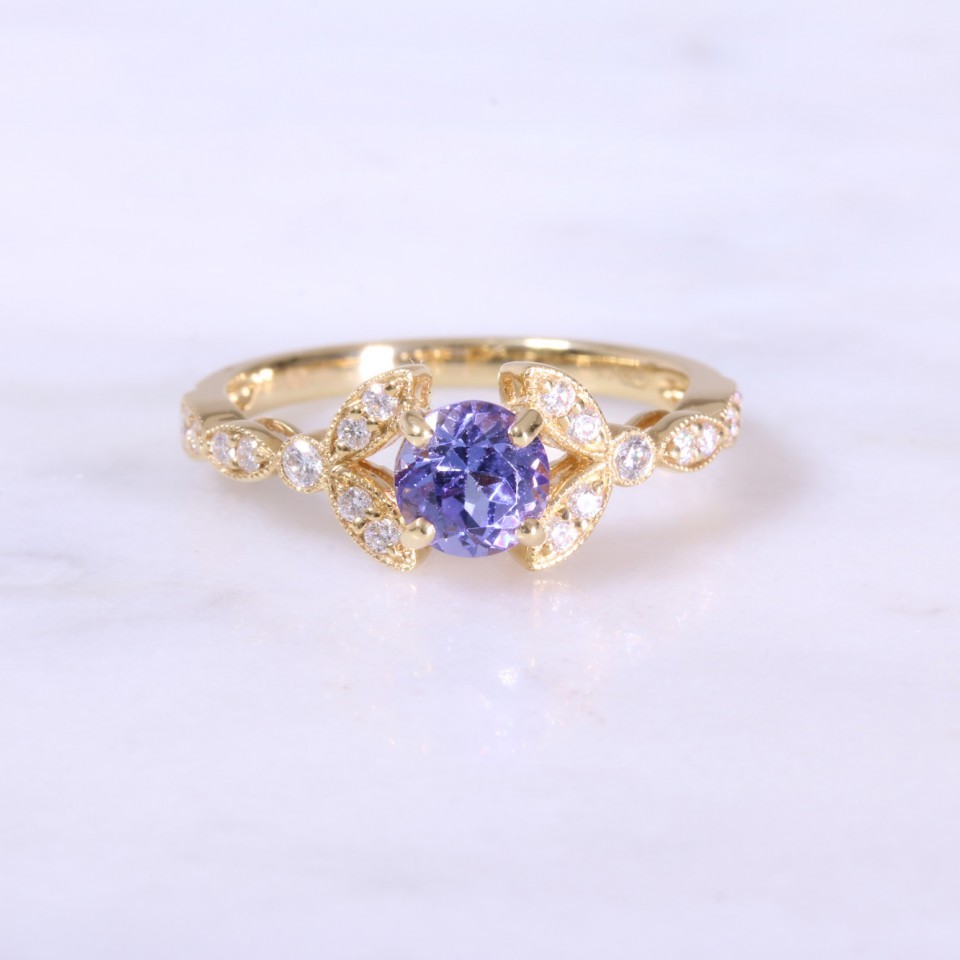 Round Sapphire & Diamond Floral Shoulder Ring
