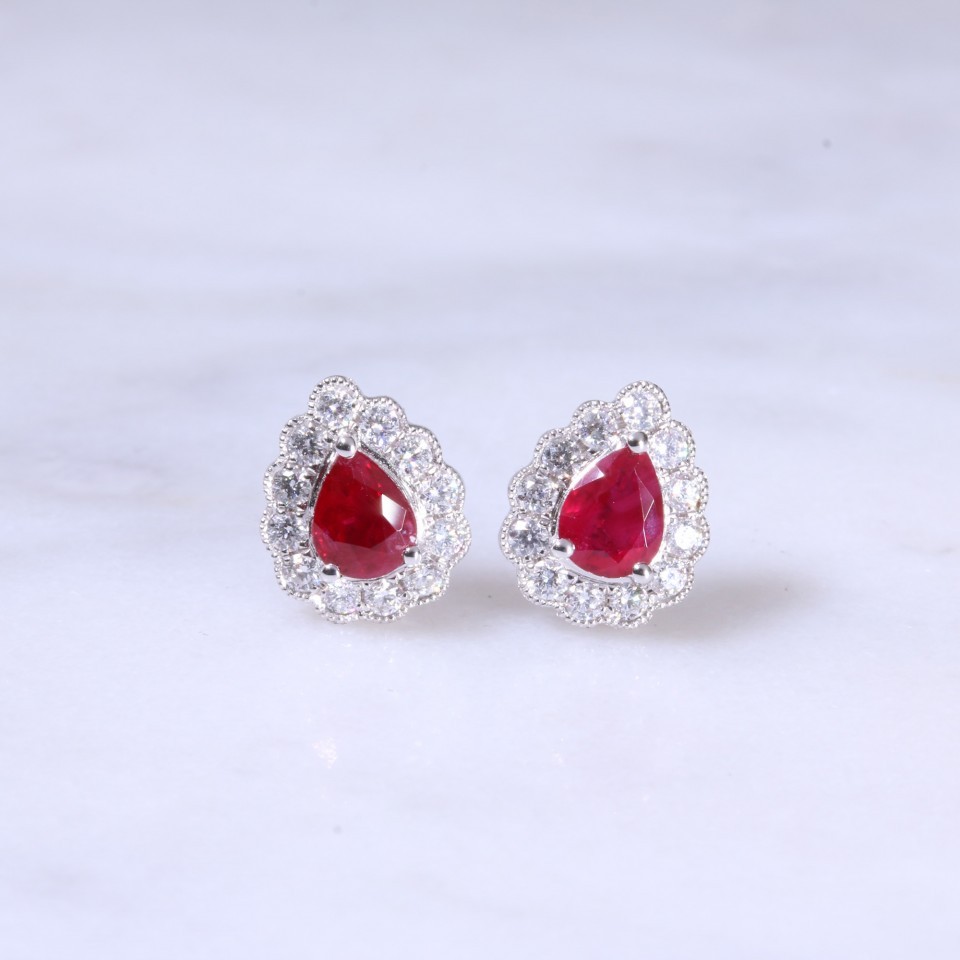 Pear Ruby & Diamond Round Sapphire & Diamond Halo Earrings