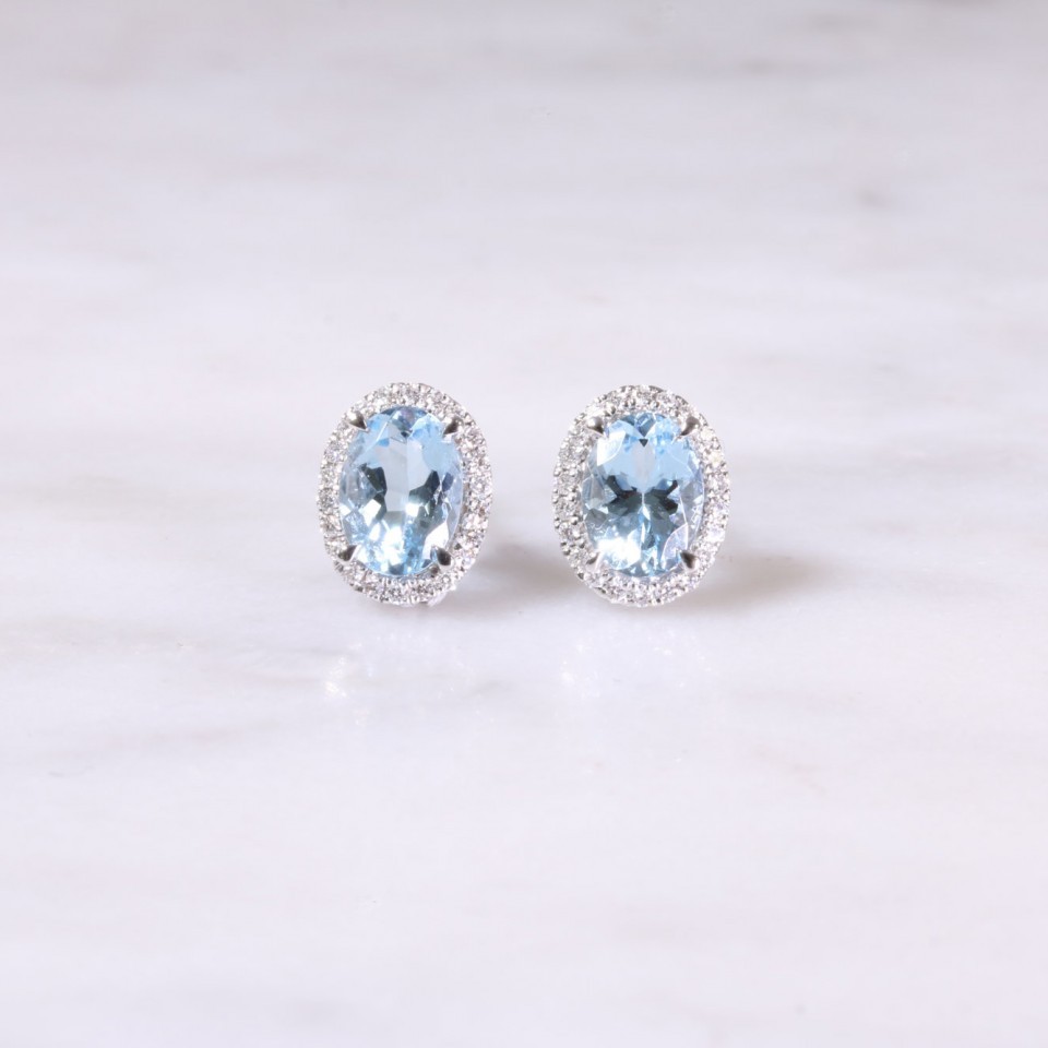 Oval Aquamarine & Diamond Halo Earrings