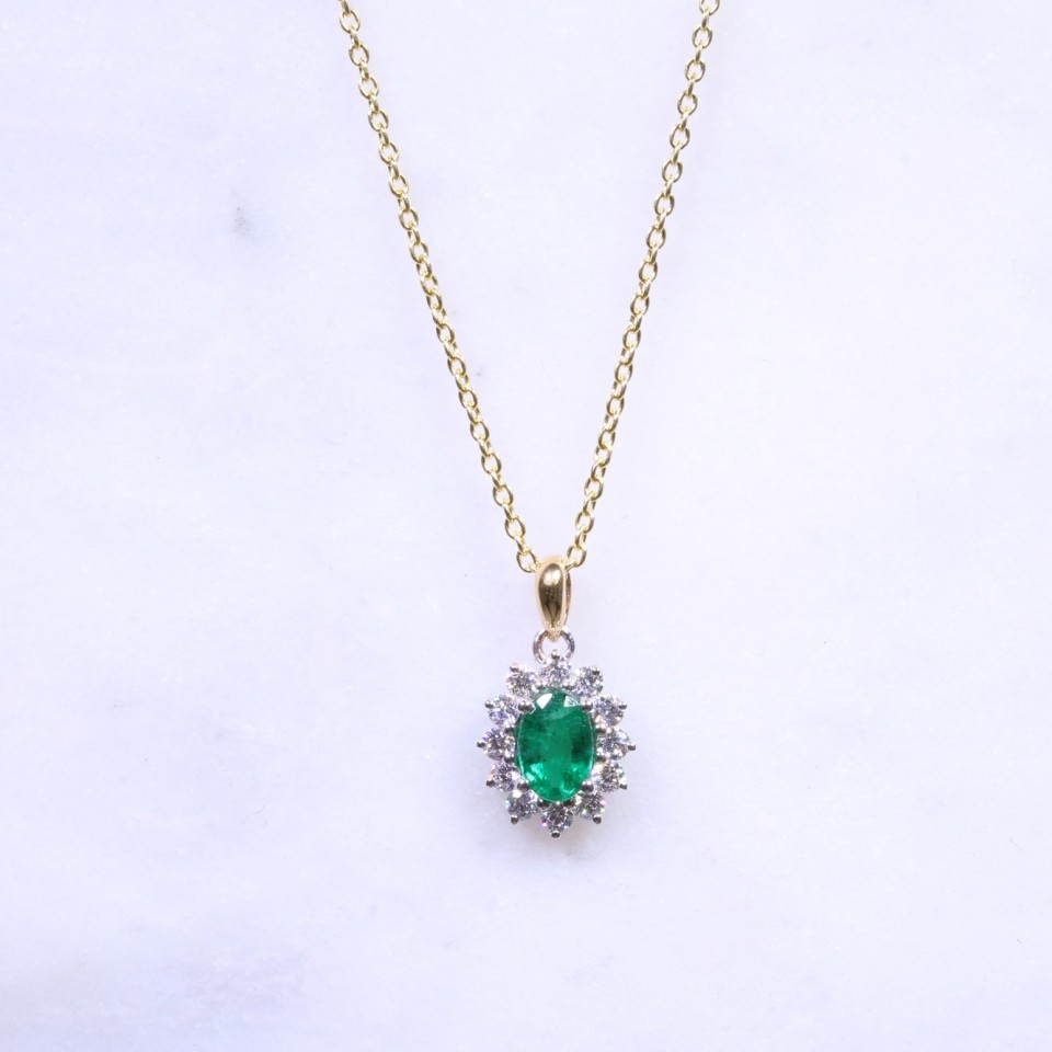 Oval Emerald & Diamonds Classic Cluster Necklace