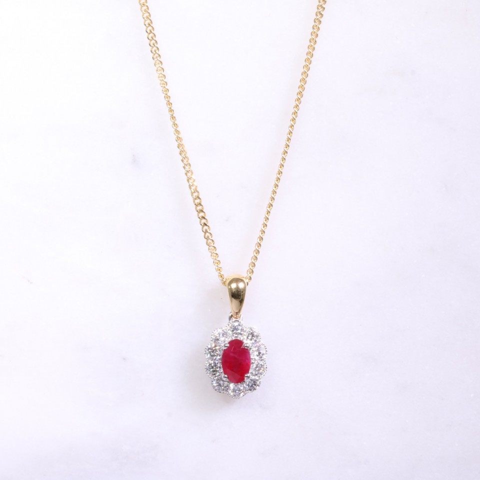 Oval Ruby & Diamond Cluster Necklace