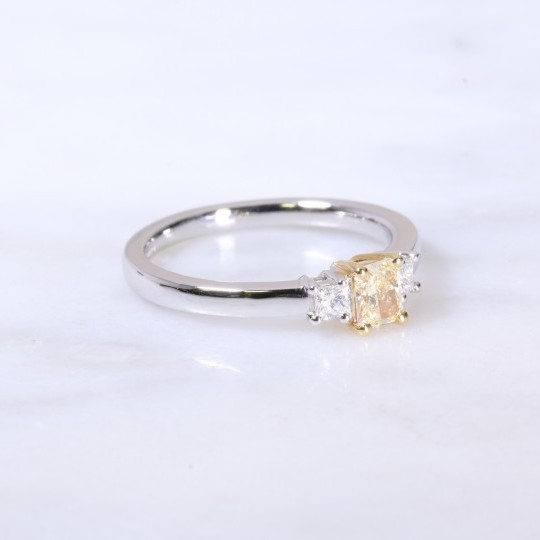 Natural yellow radiant and pricess cut diamond 3 stone engagement ring 0.51ct