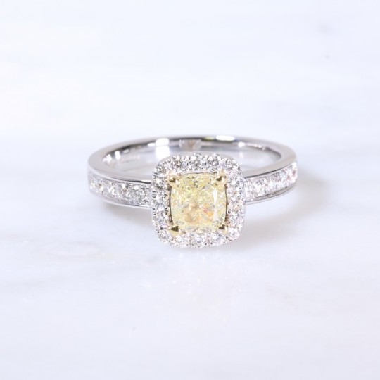 Natural yellow cushion diamond halo ring