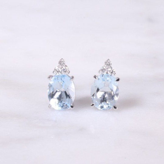 Oval Aquamarine & Trefoil Diamond Earrings