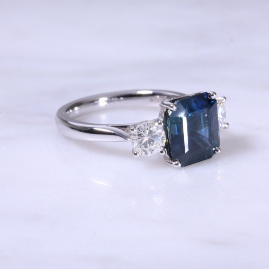 Platinum Emerald Cut Sapphire & Diamond 3 Stone Ring