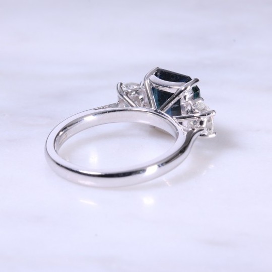Platinum Emerald Cut Sapphire & Diamond 3 Stone Ring