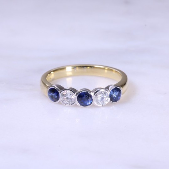 Sapphire & Diamond 5 Stone Rub-Over Ring