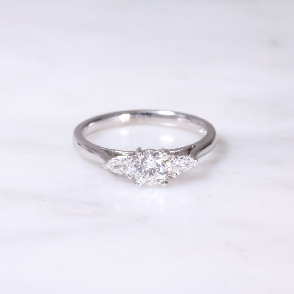 White Gold Round Brilliant & Pear Diamond Three Stone Ring