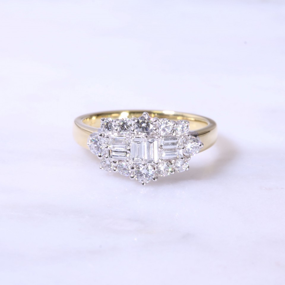 Round & Baguette Cut Diamond Cluster Ring