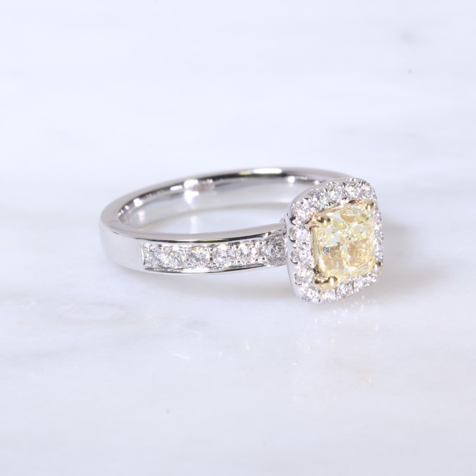 Natural yellow cushion diamond halo ring