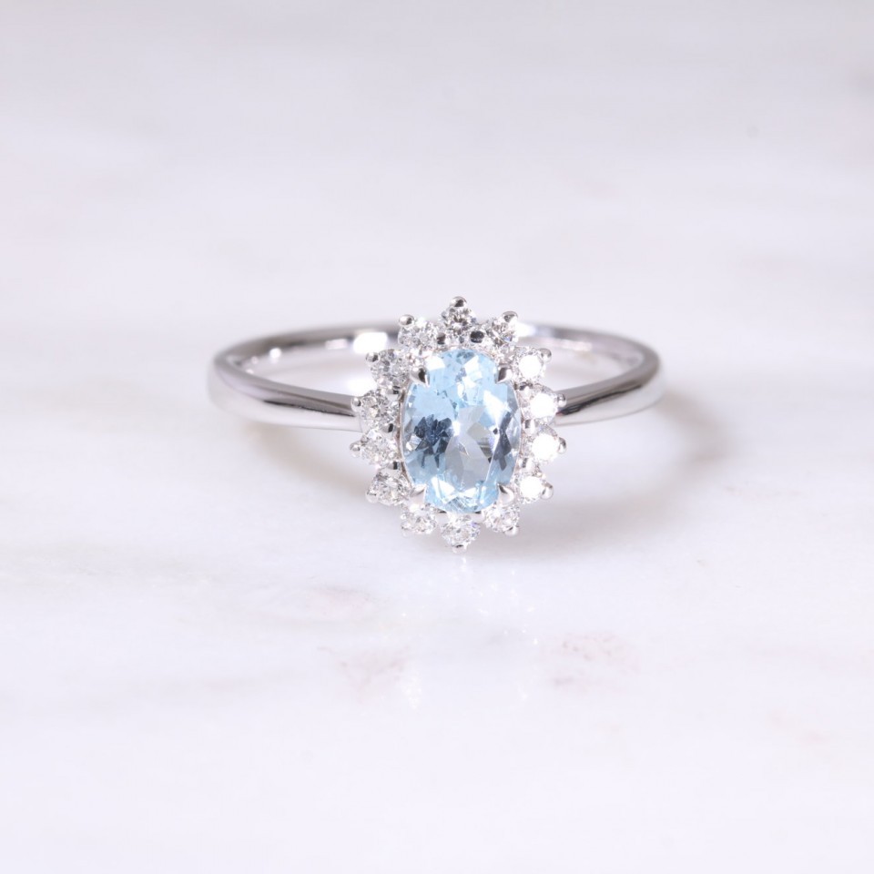 Aquamarine & Diamond Oval Cluster Ring