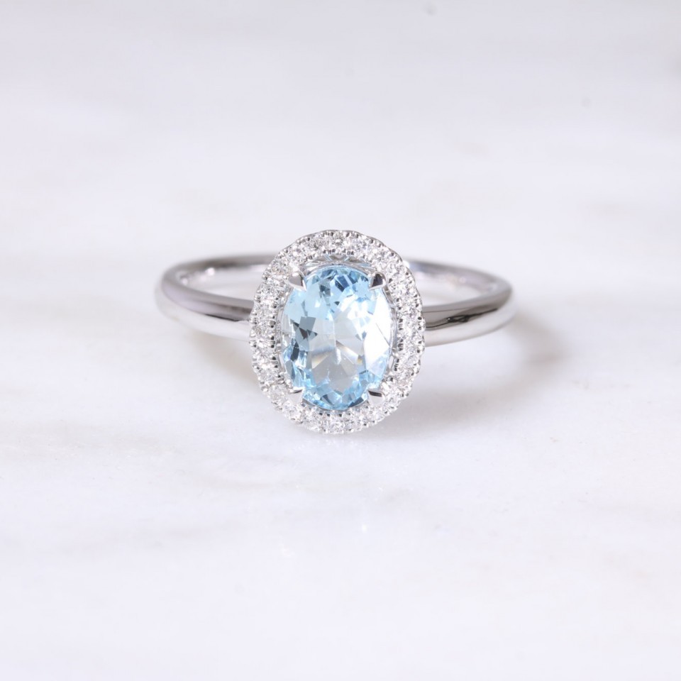Aquamarine & Diamond Oval Halo Ring