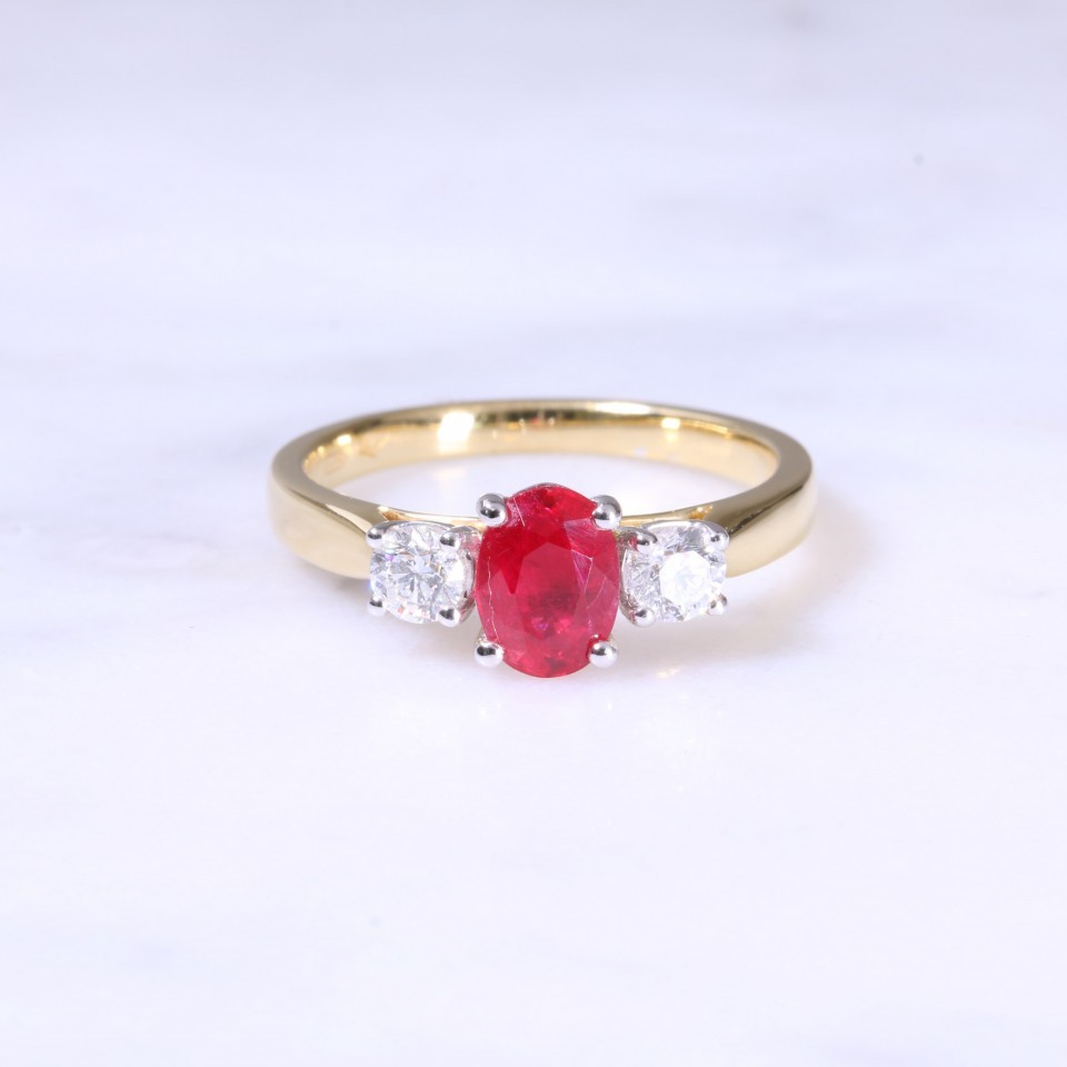 Oval Ruby & Diamond 3 Stone Ring