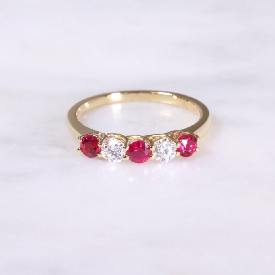 Yellow Gold 5 Stone Ruby & Diamond Ring