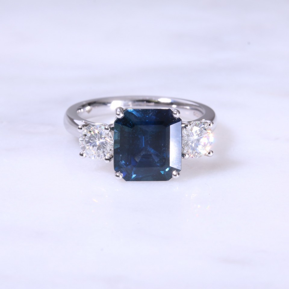 Platinum Emerald Cut Sapphire & Diamond 3 Stone Ring