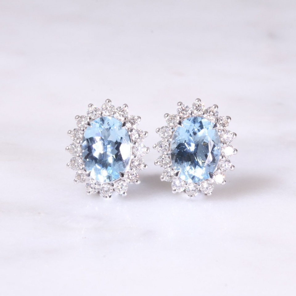 Aquamarine & Diamond Oval Cluster Earrings