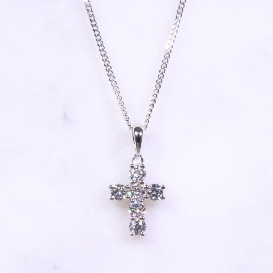 Round Brilliant Diamond 6 Stone Cross Necklace