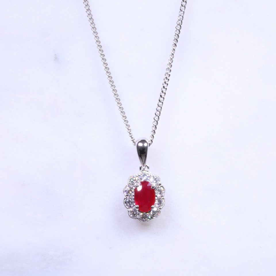 Oval Ruby & Diamond Milgrain Cluster Necklace