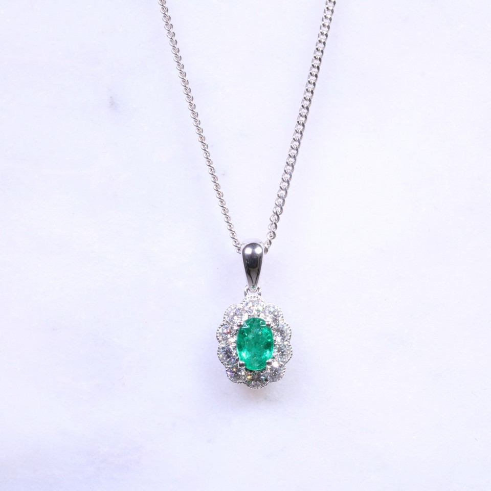 Oval Emerald & Diamond Milgrain Cluster Necklace