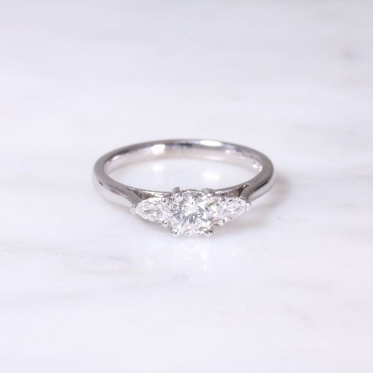 White Gold Round Brilliant & Pear Diamond Three Stone Ring