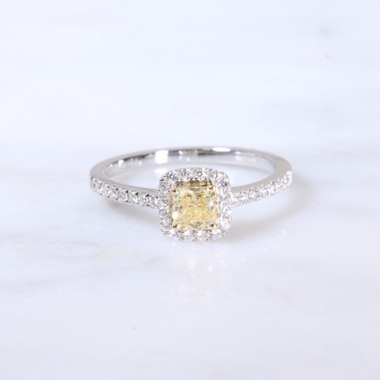 Natural yellow cushion diamond halo ring 0.74ct