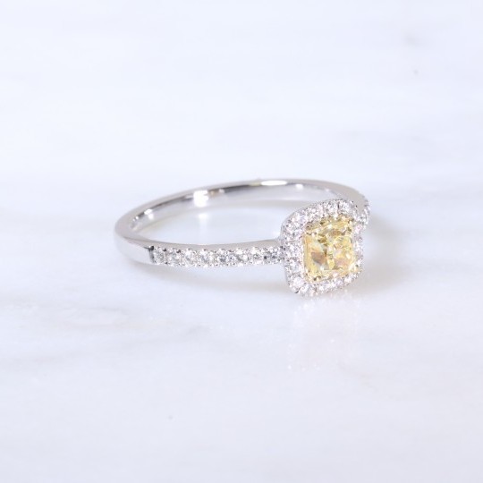 Natural yellow cushion diamond halo ring 0.74ct