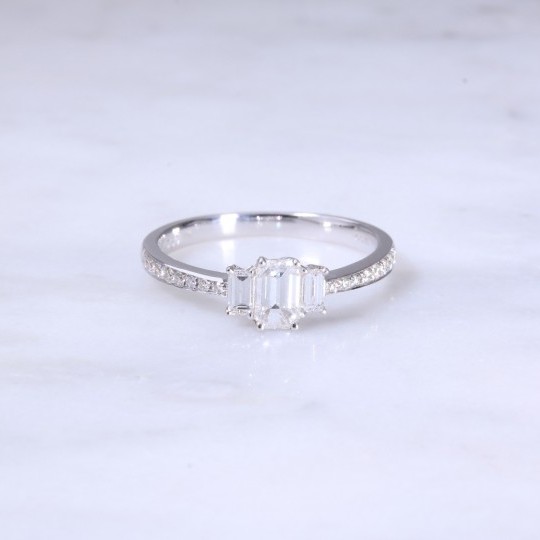 Emerald & Baguette Diamond 3 Stone Engagement Ring