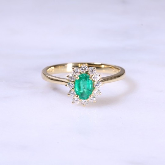 Emerald & Diamond Claw Set Cluster Ring