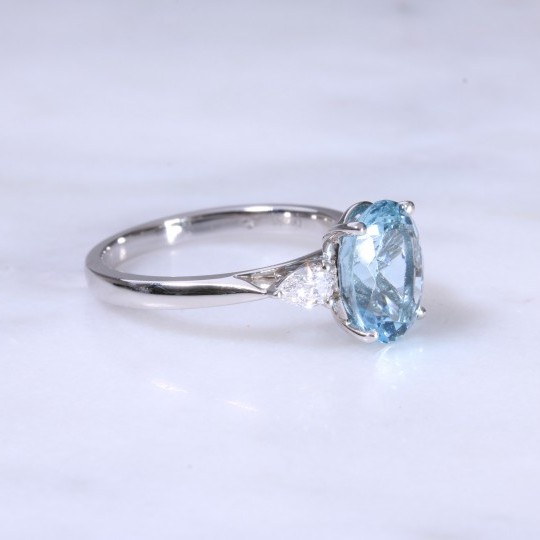 Oval Aquamarine & Pear Diamond 3 Stone Ring