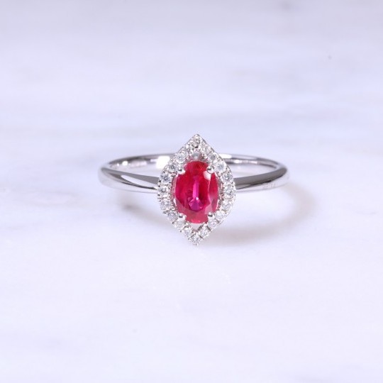 Oval Ruby & Halo Diamond Cluster Ring