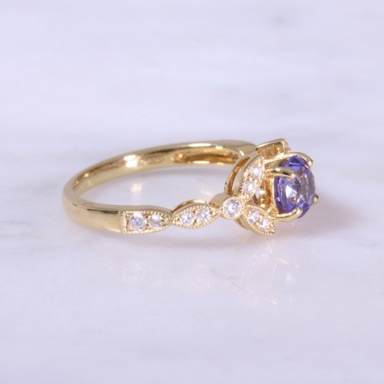 Round Sapphire & Diamond Floral Shoulder Ring