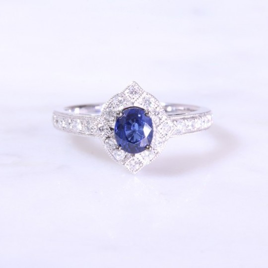 Sapphire & Deco Style Diamond Cluster Ring with Milgrain