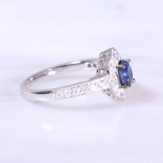 Sapphire & Deco Style Diamond Cluster Ring with Milgrain