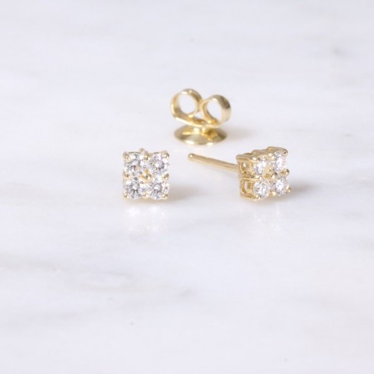 4 Stone Diamond Square Design Earrings Yellow gold