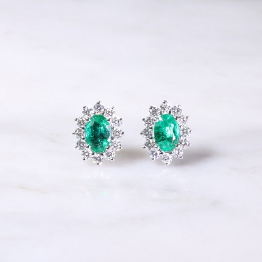 Oval Emerald & Diamond Cluster Earrings