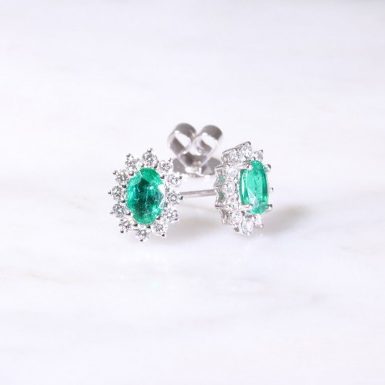 Oval Emerald & Diamond Cluster Earrings