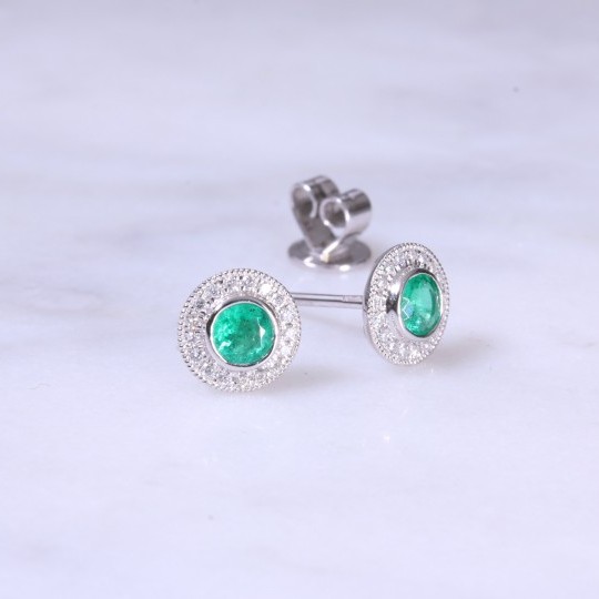 Round Emerald & Diamond Ear studs