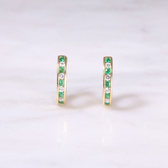 Emerald & Diamond Huggie Hoop Earrings