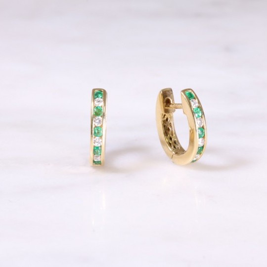 Emerald & Diamond Huggie Hoop Earrings