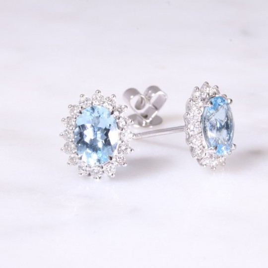 Aquamarine & Diamond Oval Cluster Earrings