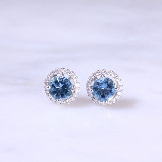 Round Aquamarine & Diamond Halo Ear Studs