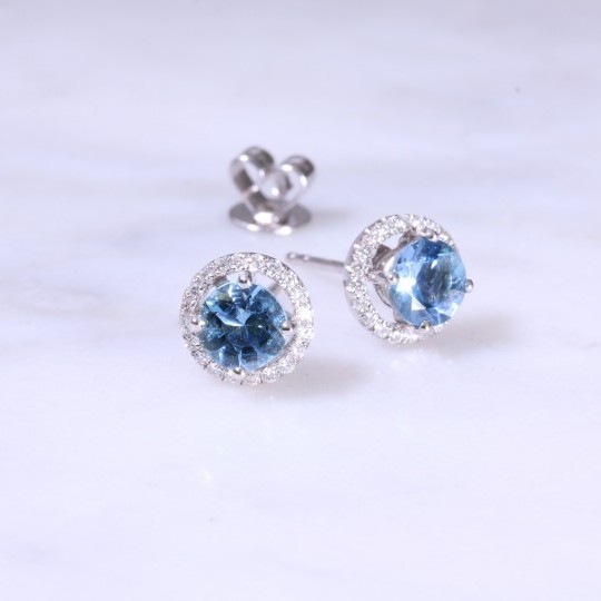 Round Aquamarine & Diamond Halo Ear Studs