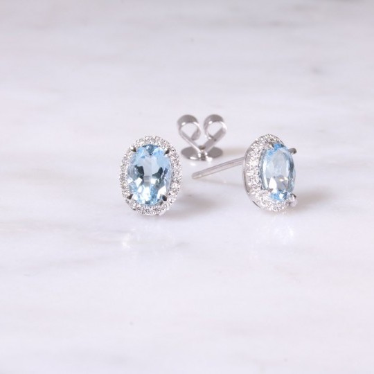 Oval Aquamarine & Diamond Halo Earrings