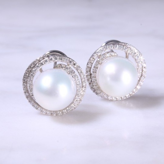 Cultured Pearl & Diamond Swirl Earrings
